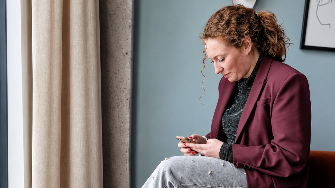 Naomi op de bank met haar telefoon in een modern interieur