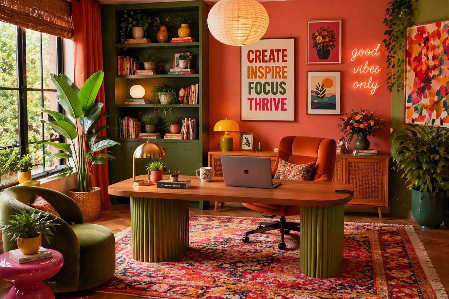 Kleurrijk thuiskantoor met dopamine decor