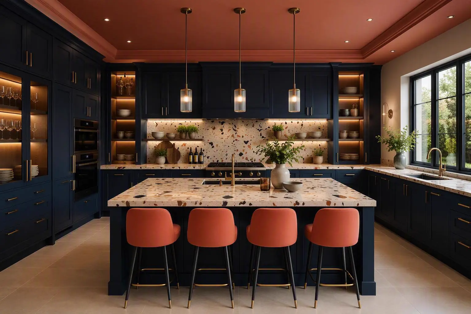 Luxe donkerblauwe keuken met terrazzo afwerking