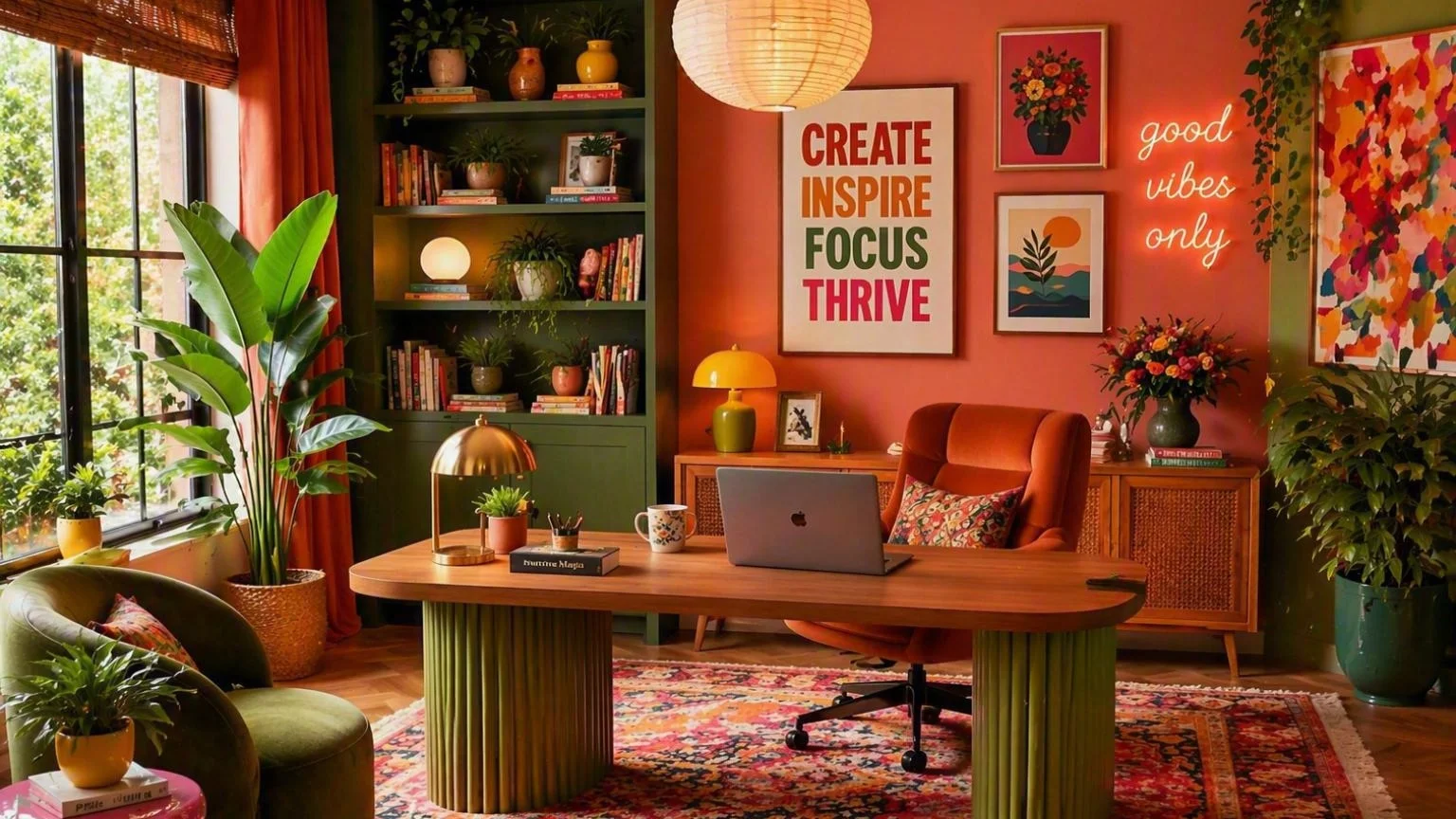Kleurrijk thuiskantoor interieur met dopamine decor