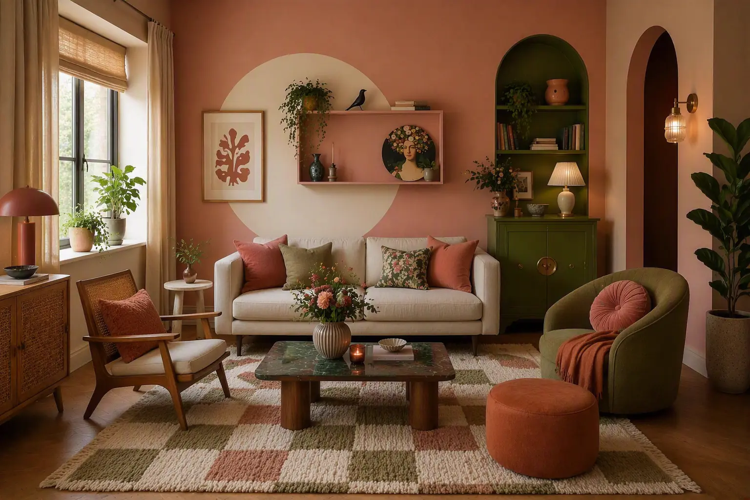 Kleurrijke woonkamer in terracotta en olijfgroen