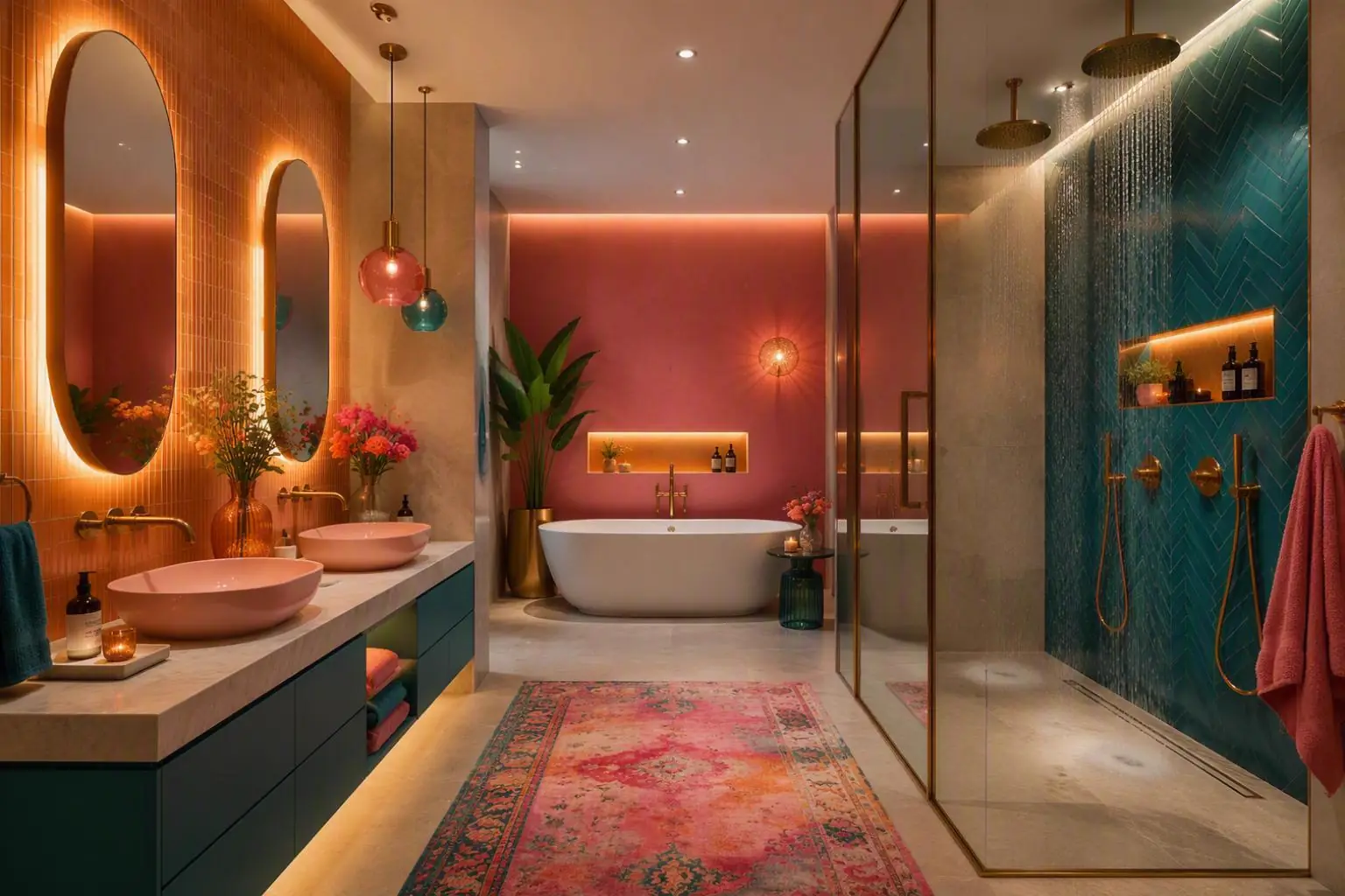 Luxe badkamer met inloopdouche en roze visgraat