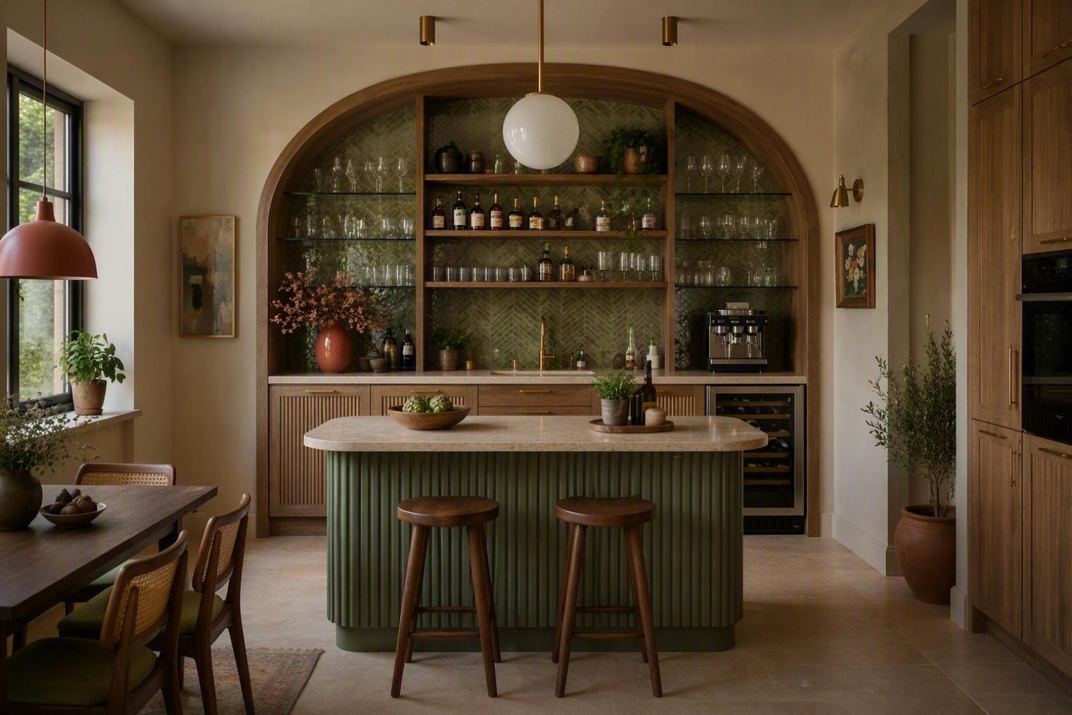 Luxe woonkeuken met kookeiland en groene visgraattegels