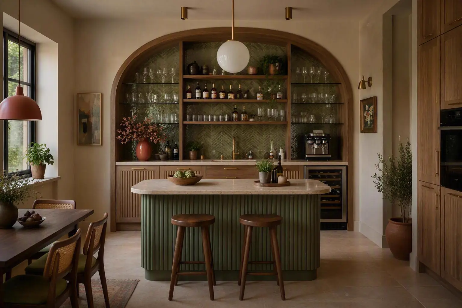 Luxe woonkeuken met kookeiland en groene visgraattegels