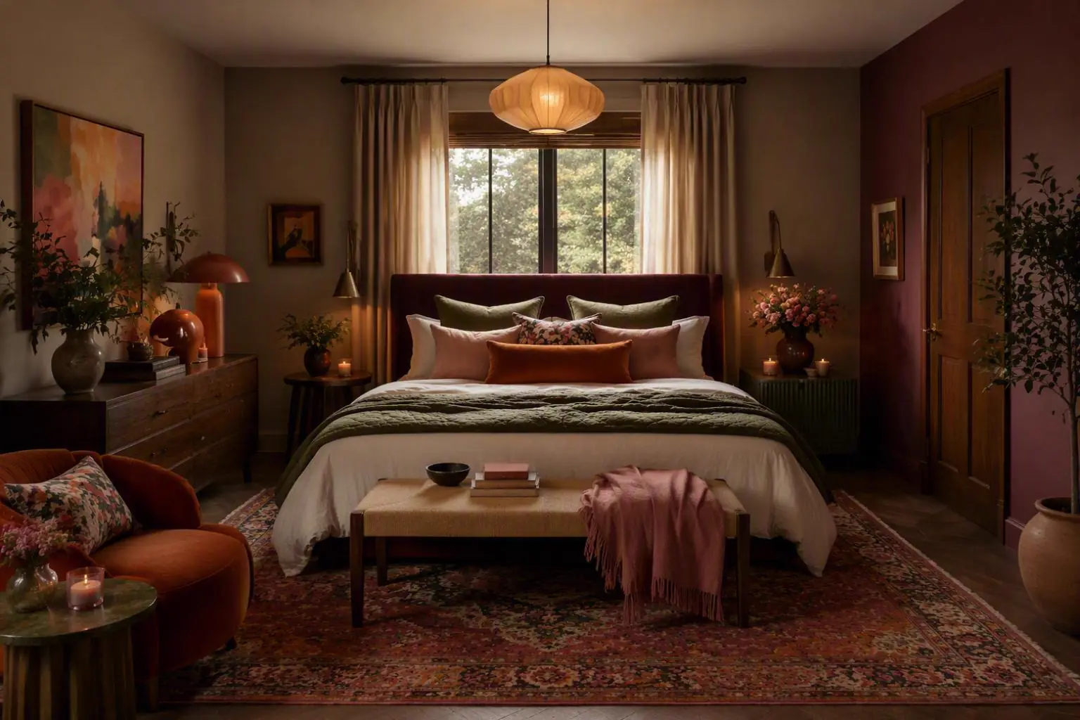 Moody hotel-chic slaapkamer in warme kleuren