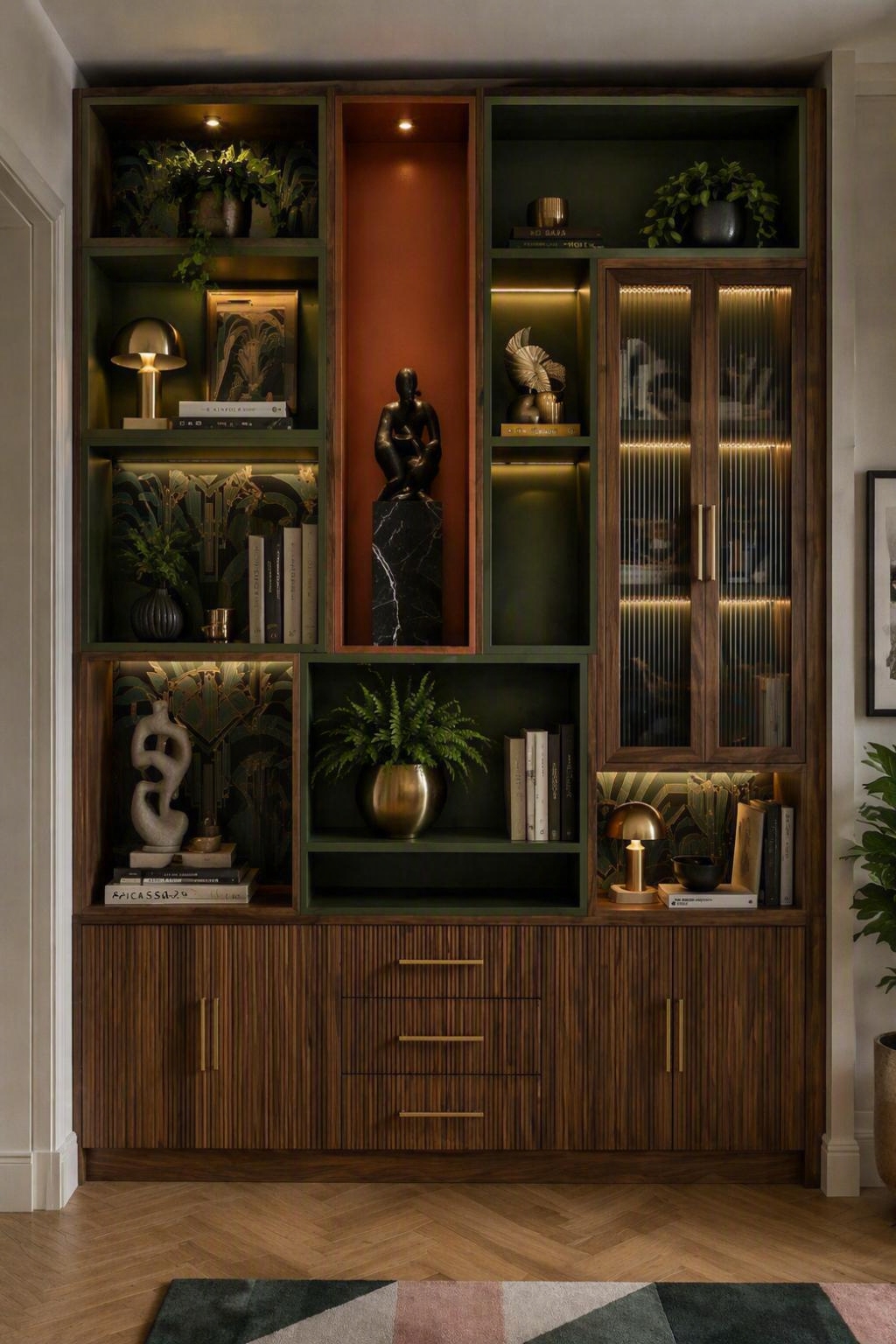 Donkerhouten maatwerkkast met groene vakken, ingebouwde verlichting en decoratieve objecten in warm interieur
